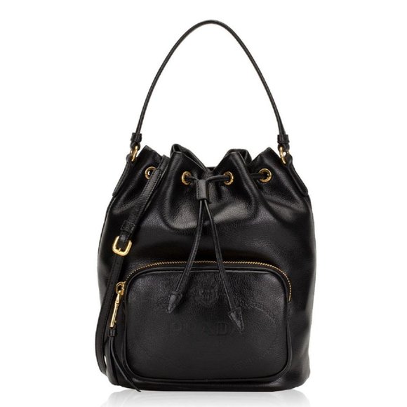 Prada Black Glace Calf Leather Logo Small Bucket Crossbody Bag 1BH038 - Picture 1 of 6